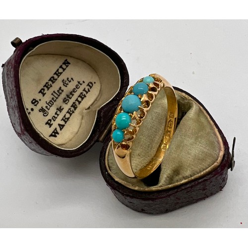 433 - A 22 carat gold ring set with five turquoise in original heart shaped presentation box. Weight 3.8gm... 