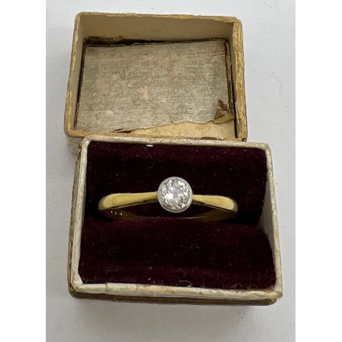 438 - Solitaire diamond ring set in yellow metal, marks rubbed. Weight 1.5gm. Size K.