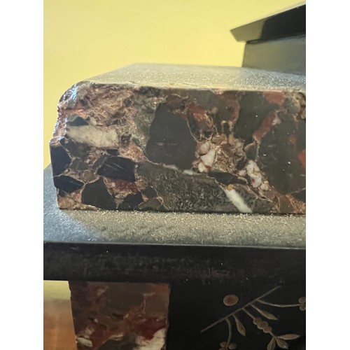 1018 - Black slate and marble mantle clock 31h x 22.5w x 14cm d.