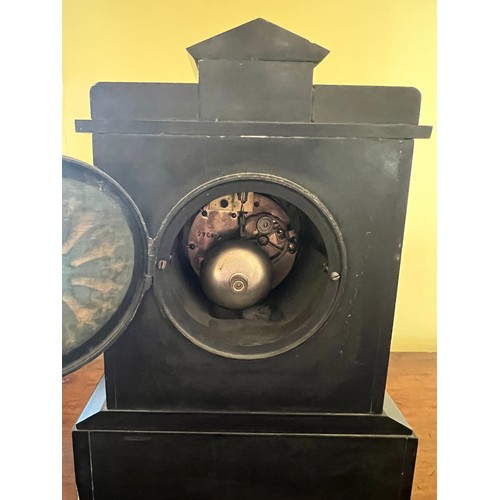 1018 - Black slate and marble mantle clock 31h x 22.5w x 14cm d.