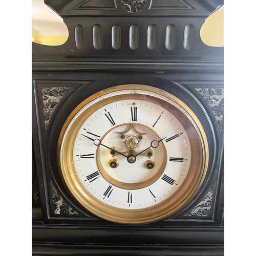 1019 - Black slate and marble mantle clock with visible brocot movement 40h x 50w x 17cm d.