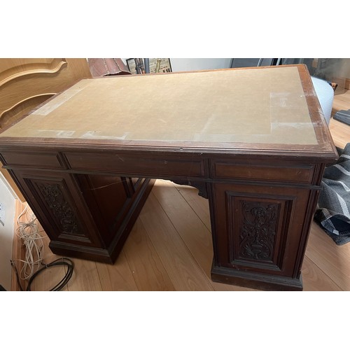 46 - Edwardian carved mahogany pedestal desk finished to reverse 74h x 76d x 126cm w.