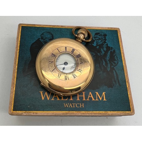 491 - A half hunter 10 carat gold plated Waltham pocket watch.

Winds and goes.