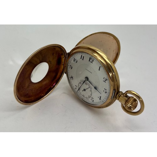 492 - A gold plated half hunter Unicorn James Walker limited Swiss made pocket watch with fitted case. Uni... 