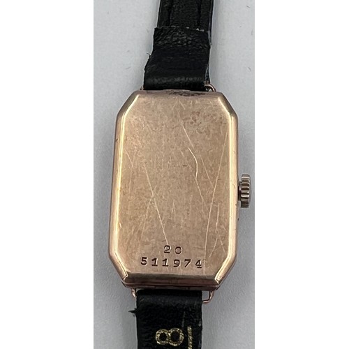 526 - A 1928 ladies Rolex Marconi 9ct gold wristwatch on black leather strap. Back of case reads 20 and 51... 