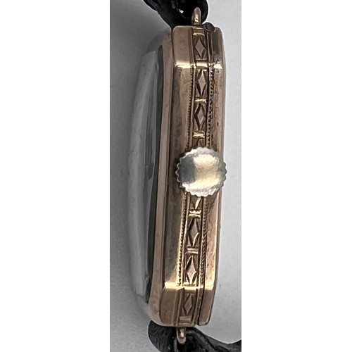 526 - A 1928 ladies Rolex Marconi 9ct gold wristwatch on black leather strap. Back of case reads 20 and 51... 