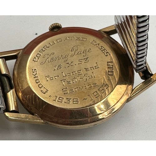 543 - A 1960's 9ct gold presentation Tudor wristwatch on gold plated expanding bracelet, Rolex case marked... 