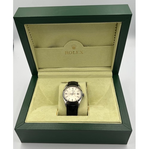 547 - A boxed gentleman's Rolex Oysterdate stainless steel precision wristwatch, steel case on black leath... 