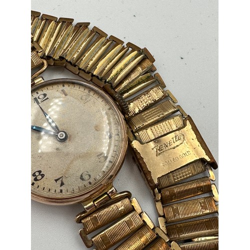 553 - A 1919 manual wind 15 jewel Rebberg movement Rolex Military trench watch, 9ct gold case on rolled go... 