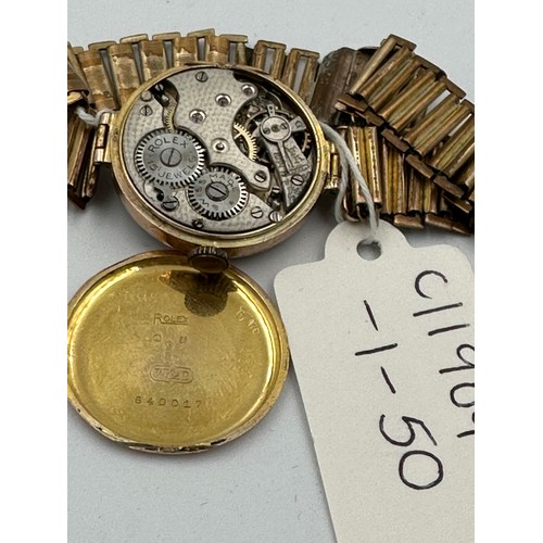 553 - A 1919 manual wind 15 jewel Rebberg movement Rolex Military trench watch, 9ct gold case on rolled go... 