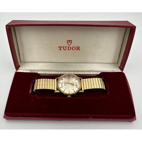 555 - A Tudor 9ct gold gentleman's wristwatch on rolled gold strap. Retirement watch S Powell 24. 8. 42. t... 