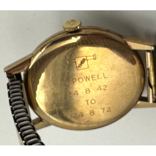 555 - A Tudor 9ct gold gentleman's wristwatch on rolled gold strap. Retirement watch S Powell 24. 8. 42. t... 