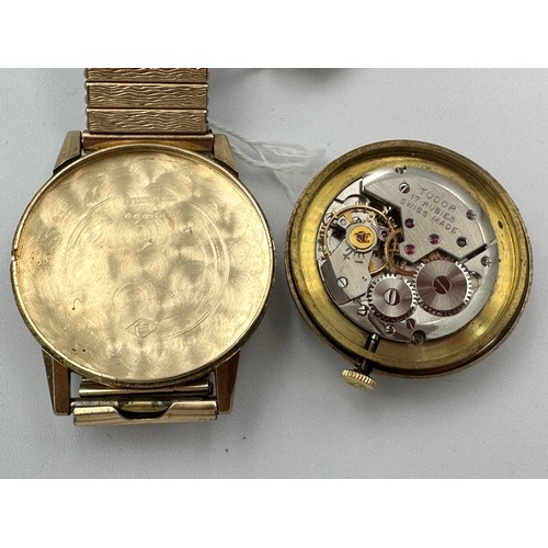 555 - A Tudor 9ct gold gentleman's wristwatch on rolled gold strap. Retirement watch S Powell 24. 8. 42. t... 