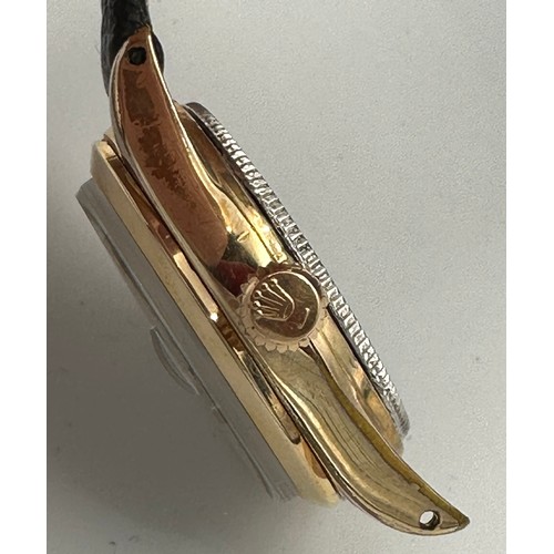 560 - A Rolex Precision Oysterdate midi size wristwatch on black leather strap and gold plated case. Case ... 