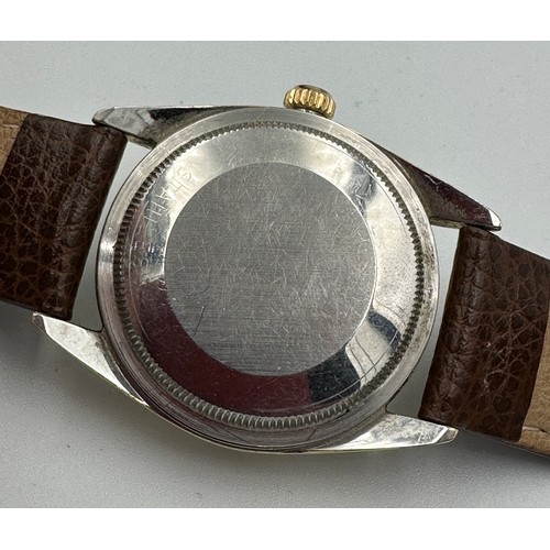 562 - A Rolex Oyster Perpetual Date wristwatch on gold plated case and brown leather strap. Case 34mm. Wit... 