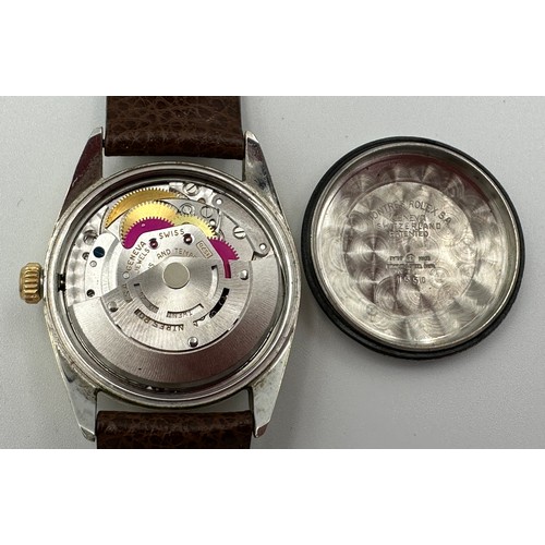 562 - A Rolex Oyster Perpetual Date wristwatch on gold plated case and brown leather strap. Case 34mm. Wit... 