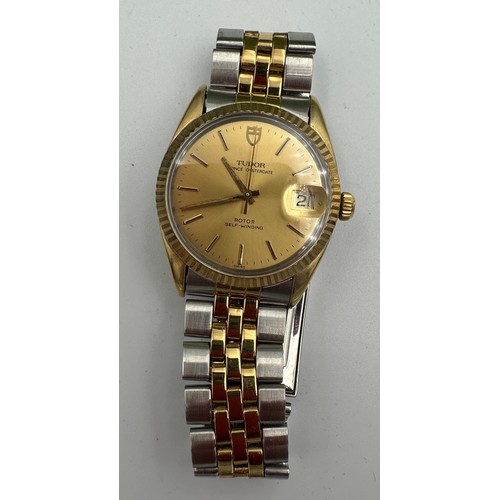 566 - A vintage Tudor Prince Oysterdate, yellow gold and Tudor stainless steel bracelet. Rolex crown and c... 