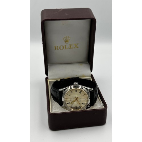 577 - A vintage Rolex Oyster Perpetual manual wind gentleman's wristwatch with brushed gold dial and gold ... 