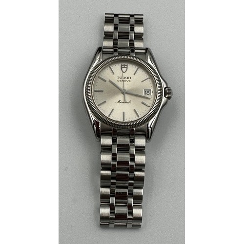 578 - Tudor Geneve Monarch stainless steel gentleman's wristwatch, battery operated, silvered dial with da... 