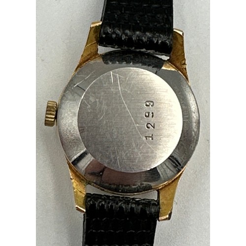 590 - A Tudor ladies wristwatch on black leather strap. Inner case stamped 403028. Outer stamped 1299. Cas... 