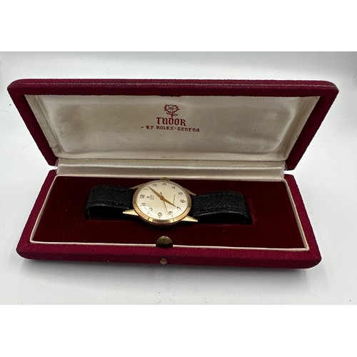 599 - A 9ct gold gentleman's presentation Tudor Royal wristwatch on black leather strap. Rolex crown, case... 