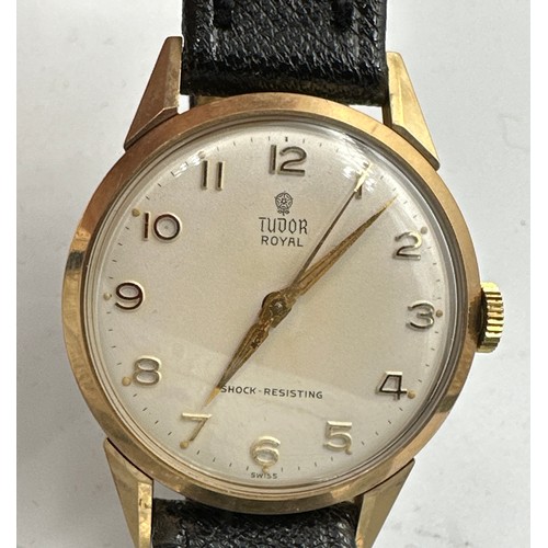 599 - A 9ct gold gentleman's presentation Tudor Royal wristwatch on black leather strap. Rolex crown, case... 