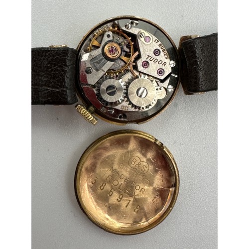 602 - A 9ct gold ladies Tudor Royal wristwatch on black leather strap. Case with full hallmarks. Inner sta... 