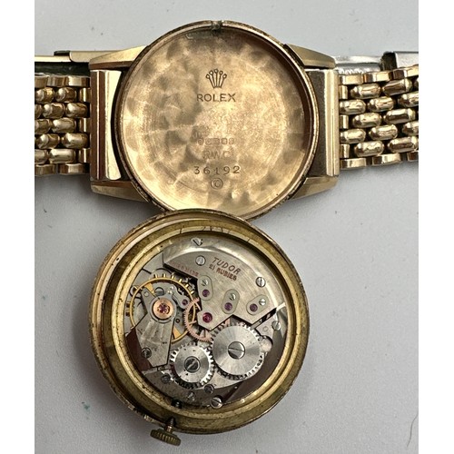 603 - A 9ct gold gentleman's Tudor Shock-Resisting wristwatch on rolled gold bracelet. Rolex case. Inside ... 