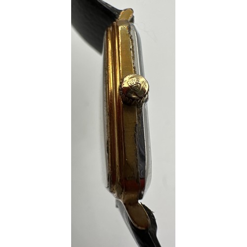 609 - A vintage Tudor Geneve Le Royer gold plated wind up gentleman's wristwatch on black leather strap an... 