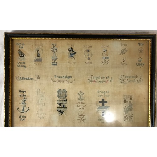 1051 - An early 19thC framed silk cross stitch of quotes to include 'Hope is the anchor of the soul', 'Brin... 