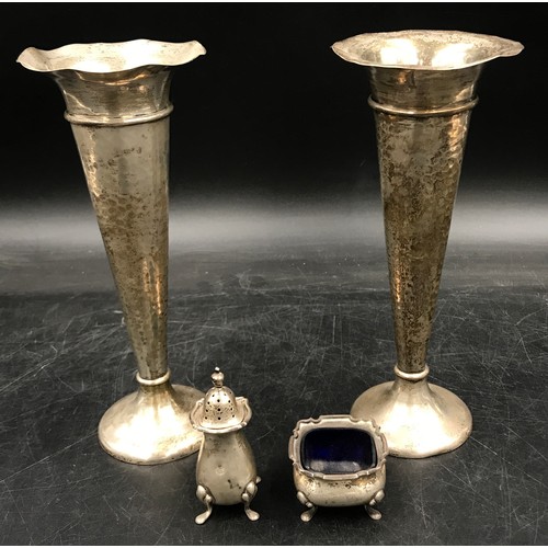 803 - Two weighted silver posy vases one hallmarked London 1906 the other 1907 along with a square mustard... 