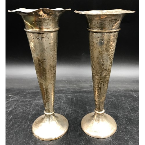 803 - Two weighted silver posy vases one hallmarked London 1906 the other 1907 along with a square mustard... 