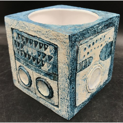 240 - A Troika pottery cube vase by Honor Perkins? initialled Cornwall H P? to base moulded with geometric... 