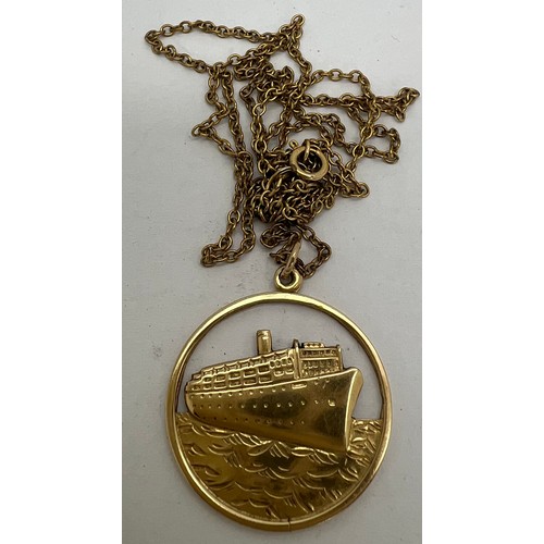 440 - A 9 carat gold pendant depicting S.S Chusan a P&O liner C1960’s. Weight 5.6gm with a gold filled cha... 