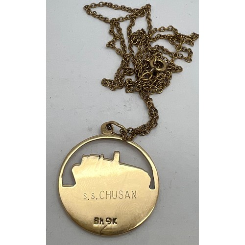 440 - A 9 carat gold pendant depicting S.S Chusan a P&O liner C1960’s. Weight 5.6gm with a gold filled cha... 