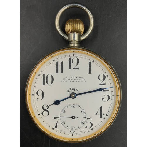 1020 - A J C Vickery 8-day movement travel clock, the enamel dial inscribed 