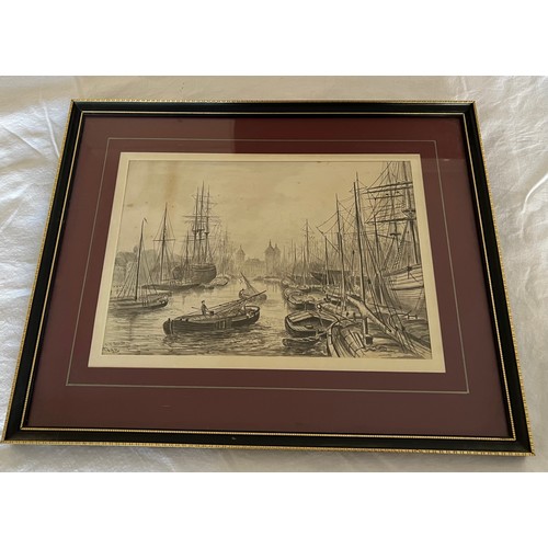 1340 - F.S.Smith pen and ink sketch of Queens Dock from the High Street Hull. 18 x 25.5cm sight size.