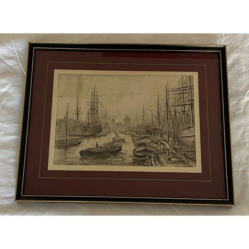 1340 - F.S.Smith pen and ink sketch of Queens Dock from the High Street Hull. 18 x 25.5cm sight size.