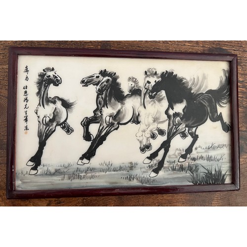 873 - A replica double sided tile of Xu Beihong, paintings of horses and landscape. 16 x 26cm.