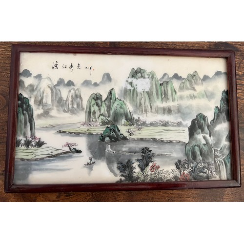 873 - A replica double sided tile of Xu Beihong, paintings of horses and landscape. 16 x 26cm.