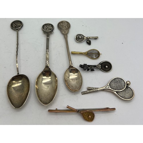 819 - Three hallmarked silver spoons, all tennis prizes, three silver brooches, one 9 carat gold brooch an... 