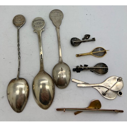 819 - Three hallmarked silver spoons, all tennis prizes, three silver brooches, one 9 carat gold brooch an... 