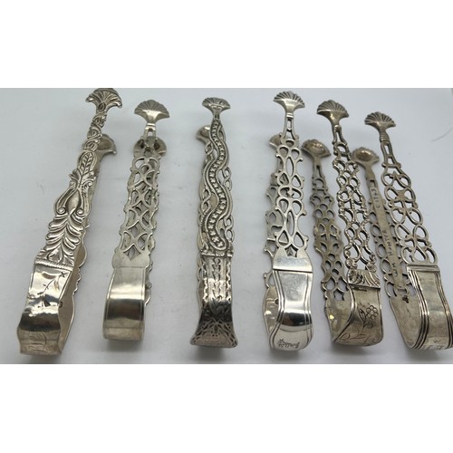 828 - Six mainly fretted silver sugar bows to include William Hunter 1743, John Schofield, Thomas Wallis, ... 