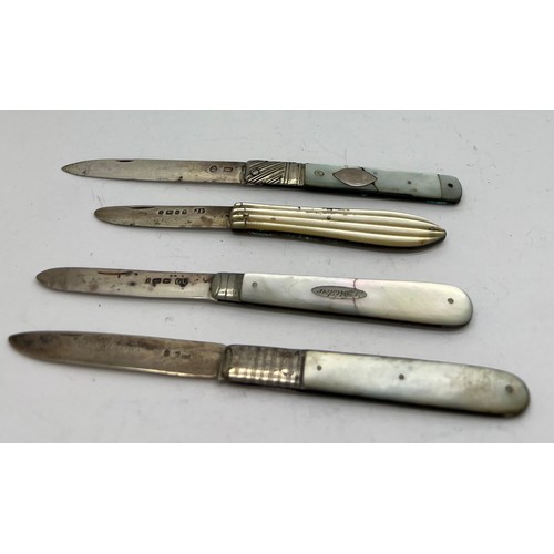 832 - Four silver and mother of pearl handled fruit knives, some Georgian. Various dates and makers.