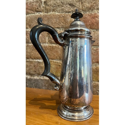 834 - Silver coffee pot with ebony knop and handle. Height 21cm. Weight 279gm. Marks rubbed but probably L... 