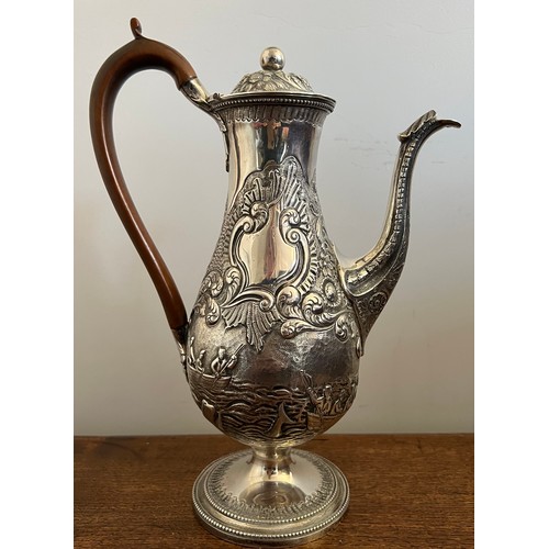 835 - Silver repousée Queen Anne style coffee pot with whaling scenes, marked to lid and body, G Knight 18... 