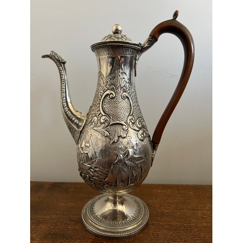 835 - Silver repousée Queen Anne style coffee pot with whaling scenes, marked to lid and body, G Knight 18... 