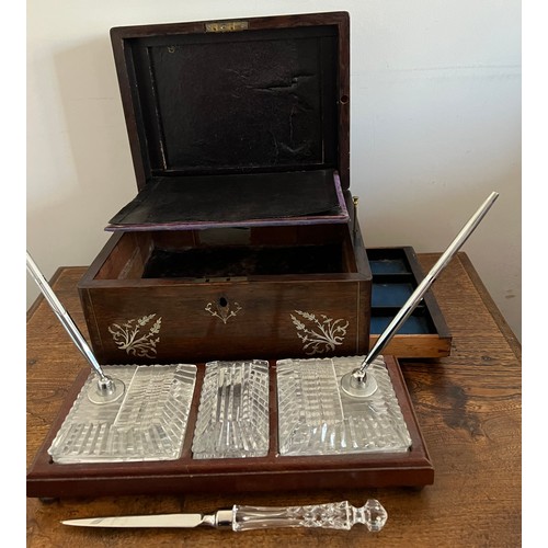 730 - A 19thC rosewood and mother of pearl inlaid box together with a Waterford Crystal desk set with two ... 