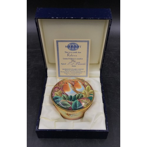 251 - A boxed Limited Edition Moorcroft enamel trinket box entitled 'Robins' numbered 17/50 to base and si... 