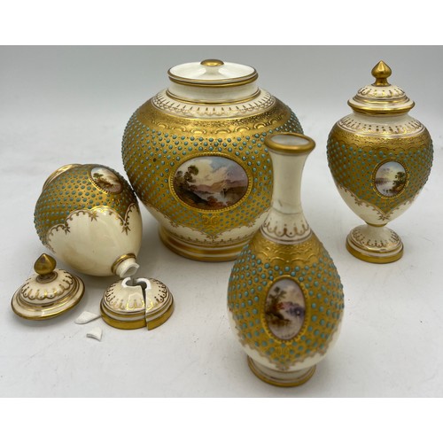 258 - Early 20thC jewelled Coalport vases and  jar with painted landscape panels to front to include Loch ... 